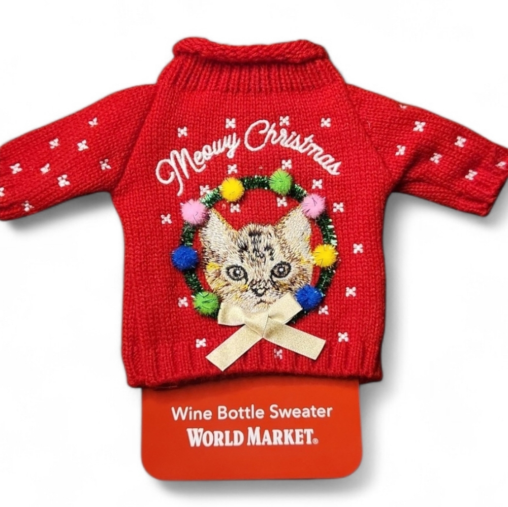 World Market Meowy Christmas Wine Bottle Sweater Cat Holiday